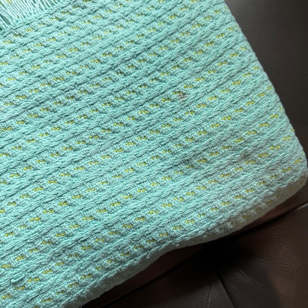 Vtg Knit Blanket Blue Yellow Fringe Unisex Cotton Throw Blanket - Picture 13 of 14